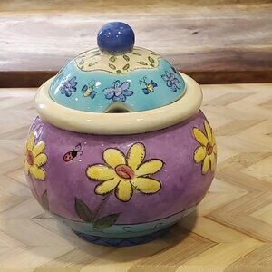 Vintage Birds And The Bees By Sango Sue Zipkin Sugar Bowl w/Lid Yellow Flowers